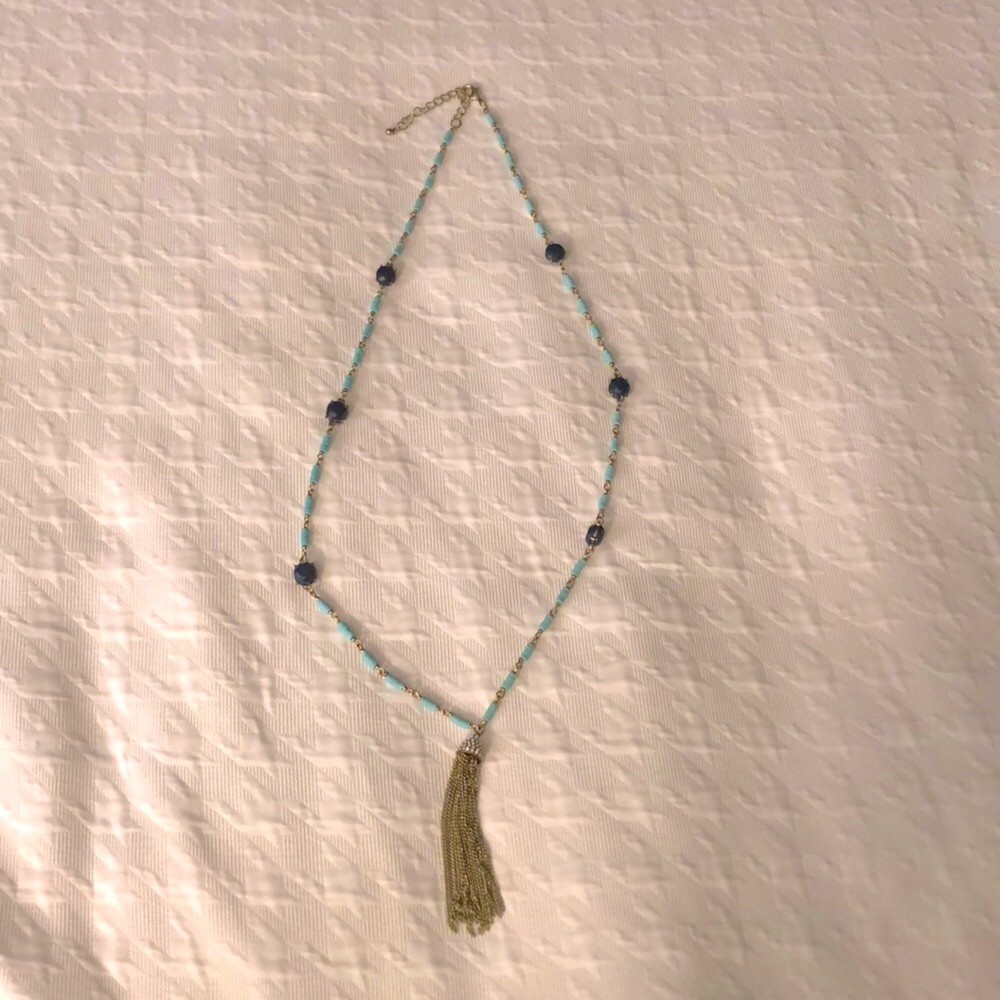 Blue beads long necklace with metal tassel
